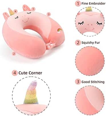 Niuniu Daddy Unicorn Kids Travel Pillows for 3-8 Y/O -Travel Essentials for Kids Road Trip-Soft Memory Foam Neck Pillows for Airplane,Car Seat,Traveling for Boys/Girls