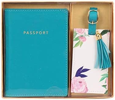 Grature Luggage Tag with Passport Holder Cover for Women Gift Set | Synthetic Vegan PU Leather Wallet Travel Accessories | Cruise Essentials (Blue Floral)