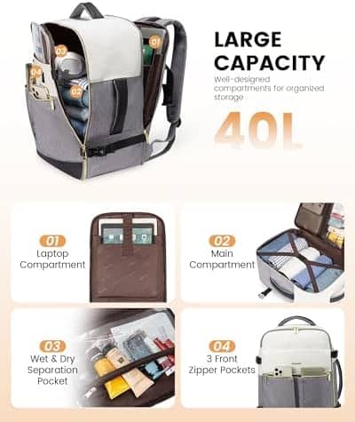 LOVEVOOK Travel Backpack for Women, TSA Carry On Backpack Flight Approved Luggage, 40L Water Resistant Personal Item Daypack Large Weekender Bag fit 17 inch Laptop with 3 Cubes, Beige-black-brown