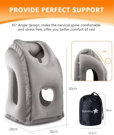 Sunany Inflatable Neck Pillow Used for Airplanes/Cars/Buses/Trains/Office Napping with Eye Mask/Earplugs (Gray)