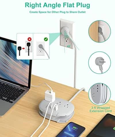Alitayee USB C Travel Portable Power Strip with 3 Outlets 3 USB Ports Fast Charge, USB Extension Cord with Flat Plug and 3ft Wrapped Around Extension Cord for Cruise Travel Home Office