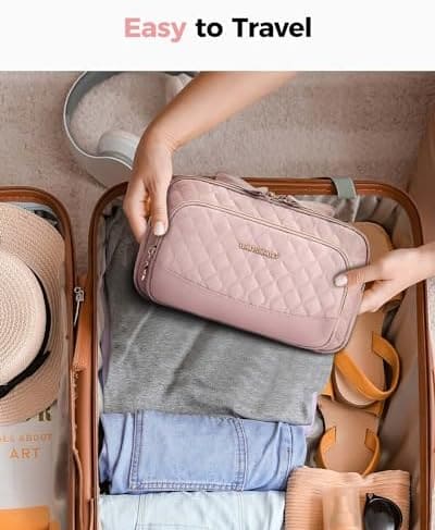 BAGSMART Travel Makeup Bag, Cosmetic Bag Organizer Case, Portable Makeup Travel bag for Women for Travel Accessories, Makeup Toiletry Bag with Dual-Zippered Large Wide-open and Handle-pink