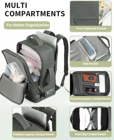 FALARK INC Travel Backpack For Women Men, Carry On Backpack Airline Approved, Waterproof Anti-theft Personal Item Suitcase Back Pack For Weekender, Travel, Green