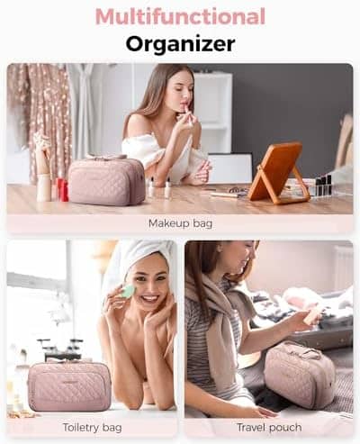 BAGSMART Travel Makeup Bag, Cosmetic Bag Organizer Case, Portable Makeup Travel bag for Women for Travel Accessories, Makeup Toiletry Bag with Dual-Zippered Large Wide-open and Handle-pink