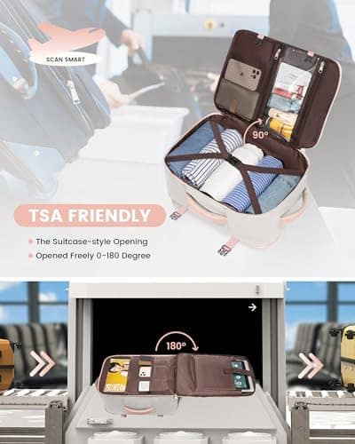 LOVEVOOK Travel Backpack for Women, TSA Carry On Backpack Flight Approved Luggage, 40L Water Resistant Personal Item Daypack Large Weekender Bag fit 17 inch Laptop with 3 Cubes, Beige-black-brown