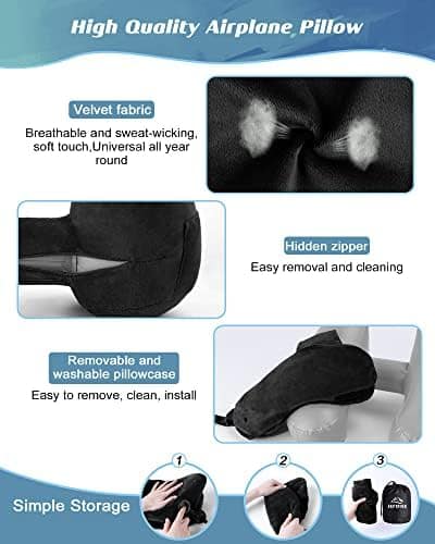 JefDiee Neck Pillows for Travel, Travel Pillow for Neck, Chin, Head Support, Airplane Pillow with Soft Washable Velour Cover, Hat, Portable Luxury Bag, 3D Sleep Mask and Earplugs (Black)