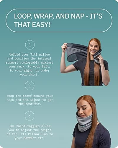 trtl Pillow Plus, Travel Pillow - Fully Adjustable Neck Pillow for Airplane Travel, Car, Bus and Rail. (Charcoal) Includes Water Proof Carry Bag and Setup Guide Travel Accessories