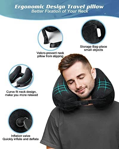 JefDiee Neck Pillows for Travel, Travel Pillow for Neck, Chin, Head Support, Airplane Pillow with Soft Washable Velour Cover, Hat, Portable Luxury Bag, 3D Sleep Mask and Earplugs (Black)