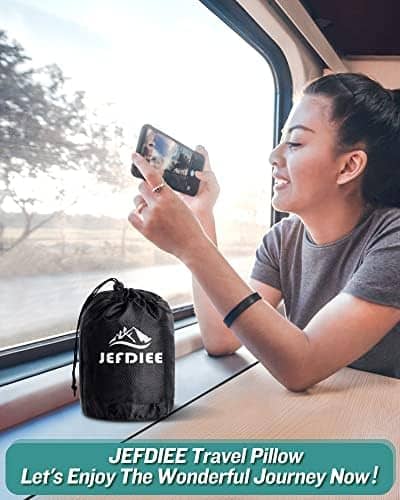 JefDiee Inflatable Travel Pillow, Airplane Neck Pillow Comfortably Supports Head and Chin for Airplanes, Trains, Cars Office Napping with 3D Eye Mask, Earplugs Portable Drawstring Bag (Grey)