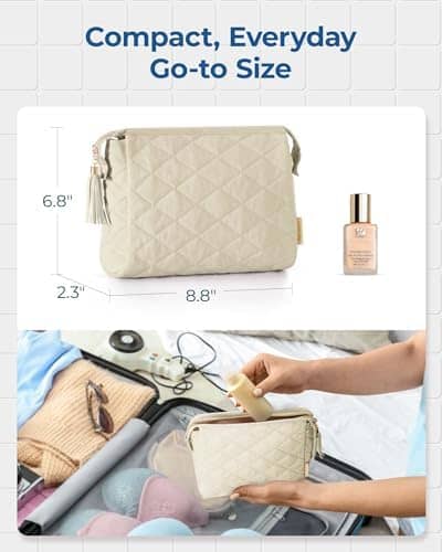 BAGSMART Makeup Bag Travel Cosmetic Bag, Puffy Make Up Bags for Women Large Capacity Makeup Organizer Case, Wide-open Pouch for Purse Storage Travel Essentials Toiletries Accessories Brushes, Beige