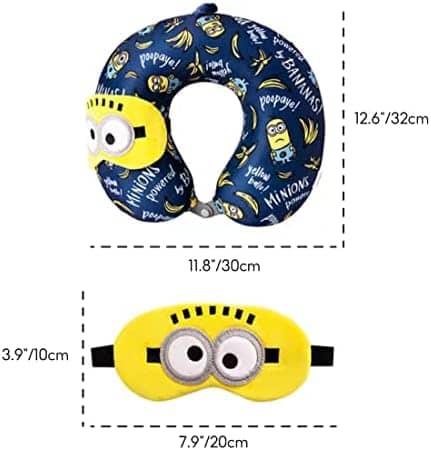 MINISO Minions Travel Neck Pillow with Eye Mask, Cute Cartoon 100% Memory Foam Neck Support Pillow, Lightweight Travelling Pillow Set for Airplane, Car and Home Use
