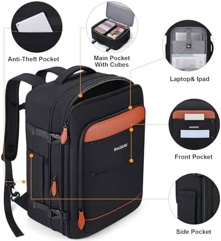 Bagsure Travel Backpack 42L Carry on Backpack Flight Approved Expandable Travel Backpack Carry on Backpack Luggage Daypack with Packing Cubes, Waterproof Weekender Bags for Women Men