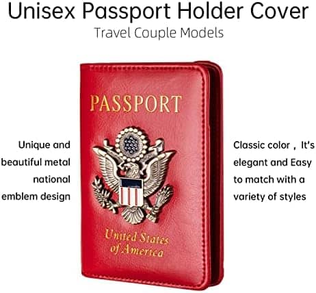 Passport Holder Cover and Card Case Slot Combo RFID Blocking Leather Travel Passport Wallet for Men and Women US Passport Protector Document Organizer,Bright Red