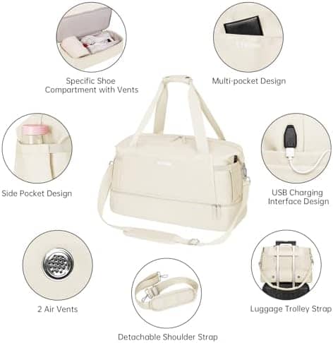 Gym Bag for Women, Sports Travel Duffel Bag with USB Charging Port, Weekender Overnight Bag with Wet Pocket and Shoes Compartment for Women, Travel, Gym, Yoga (Beige) Medium