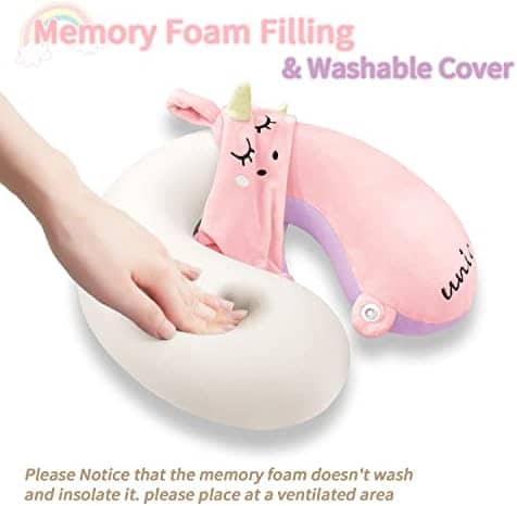 urnexttour Neck Travel Pillow for Kids, Unicorn Airplane Memory Foam Pillow with Cute Sleep Mask & Earplugs, Lightweight Travelling Sleeping Pillow Set for Car, Train, Bus and Home Use (Pink)