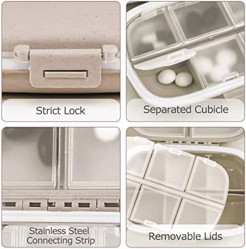 1Pack Travel Pill Organizer, 8 Compartments Portable Pill Case, Small Pill Box for Pocket Purse Portable Medicine Vitamin Container Beige