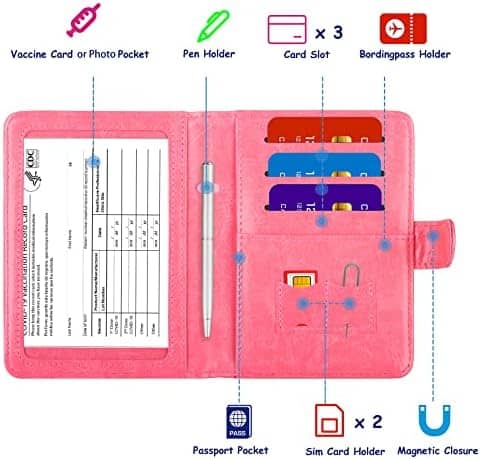 TOURSUIT RFID Passport and Vaccine Card Holder Combo, Travel Document Holder Case Cover, Leather Travel Passport Wallet Organizer Women with Vax Vaccination Card Protector Slot (Pink)