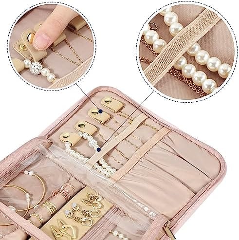 NISHEL Travel Jewelry Organizer Roll, Transparent Foldable Case for Necklaces, Earrings, Rings, Bracelets, Watch, Pink