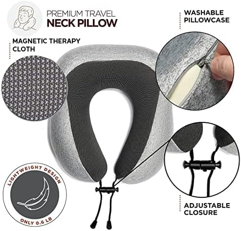 Airplane Neck Pillow Includes Travel Pillow + Airplane Phone Holder Mount + Eye Masks + Foot Hammock + Earplugs for Travel, 100% Pure Memory Foam Travel Pillow, 6 Pc Travel Kit