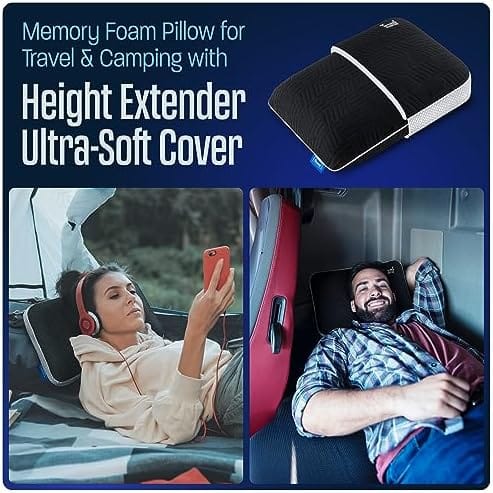 TCOMF 100% Memory Foam Pillow - Dual-Cover Travel Pillows with Height Extender - Ultra-Soft Neck Pillow - Camping Pillow for Sleeping with 5 Layers for Comfort and Support - Small and Portable (Black)