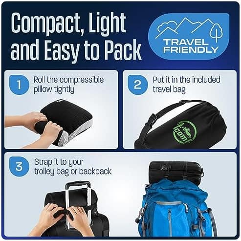 TCOMF 100% Memory Foam Pillow - Dual-Cover Travel Pillows with Height Extender - Ultra-Soft Neck Pillow - Camping Pillow for Sleeping with 5 Layers for Comfort and Support - Small and Portable (Black)