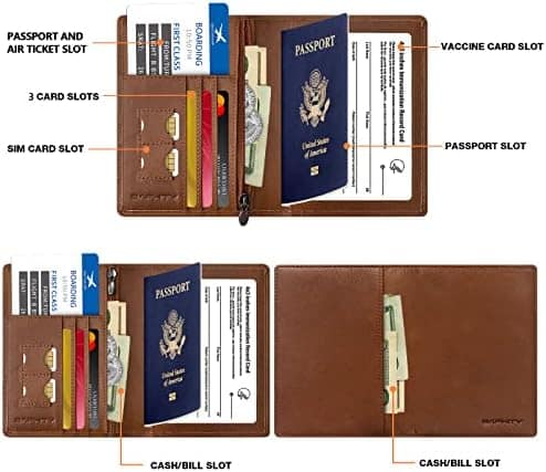 Genuine Leather Passport Holder Wallet Cover for Women Men, RFID Blocking Real Leather Passport Case with Zipper Slot,Travel Wallet Fit for Vaccine Card (brown)