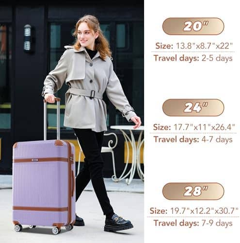 Merax 3 Piece Luggage Set Luggage with 8 Spinner Wheels, Collision-Protection Angle, 3-Piece Set, TSA Lock, Expandable, Carry-On Luggage (20/24/28, Purple)
