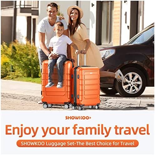 SHOWKOO Luggage Sets Expandable PC+ABS Durable Suitcase Sets Double Wheels TSA Lock 4 Piece Luggage Set Orange