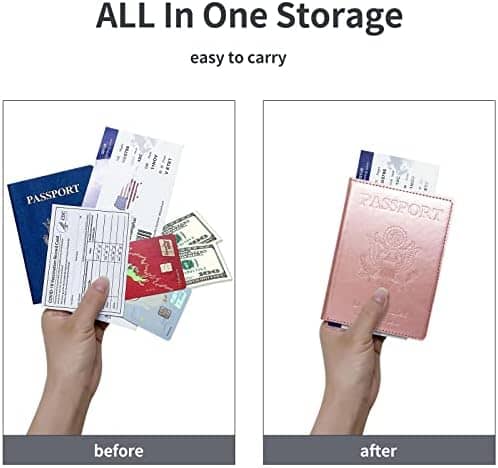 Passport Holder Cover Wallet Case RFID Blocking Leather Card Slot Travel Accessories Documents Organizer Protector for Women Men, Rose Gold