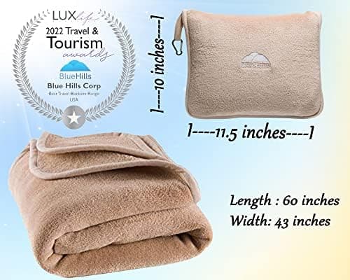 BlueHills Premium Soft Travel Blanket Pillow Airplane Blanket Packed in Soft Bag Pillowcase with Hand Luggage Belt and Backpack Clip, Compact Pack Large Blanket for Any Travel (Beige T005)