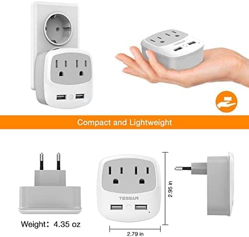 European Travel Plug Adapter Converter, TESSAN International Power Plug Converter with 2 USB, Type C Outlet Adaptor Charger for US to Most of Europe EU Iceland Spain Italy France Germany