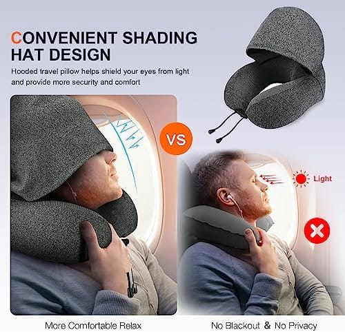 Cirorld Memory Foam Pillow for Travel with Hood, Adult Airplane Portable Pillow for Head Rest Neck Support, Office Cars Trains Long Flights Sleeping (Deep Grey)