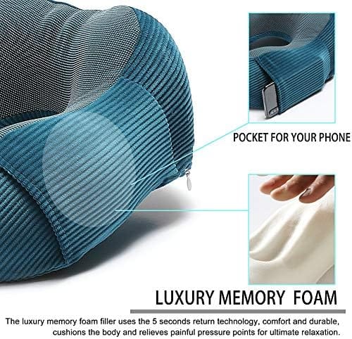 Memory Foam Neck Pillow with 360-Degree Head Support Lightweight Comfortable Travel Airplane Pillow with Storage Bag for Sleeping, Traveling,Car, Train, Bus and Home Use(Blue)