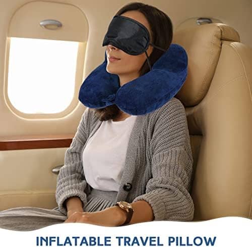 Sintuff 2 Pack Inflatable Travel Pillow for Airplanes Soft Velvet Inflatable Travel Neck Pillows with Compact Bag and Blindfold for Traveling, Airplane, Train, Car, Office (Gray and Blue)