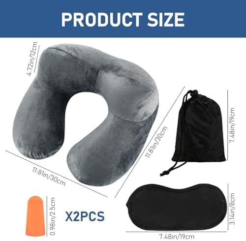 Inflatable Travel Pillows for Sleeping Airplane Inflatable Neck Pillow for Traveling Pillow Inflatable Travel Neck Pillows for Airplanes Sleeping, Train, Car, Office, with Eye Masks, Earplugs