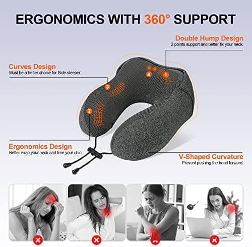 Cirorld Memory Foam Pillow for Travel with Hood, Adult Airplane Portable Pillow for Head Rest Neck Support, Office Cars Trains Long Flights Sleeping (Deep Grey)