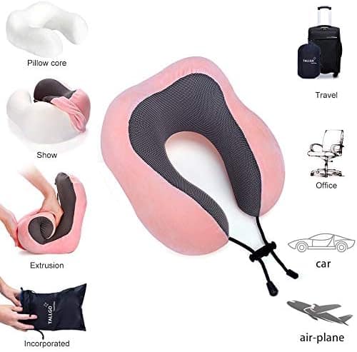 Travel Pillow, Best Memory Foam Neck Pillow Head Support Soft Pillow for Sleeping Rest, Airplane Car & Home Use (Pink)