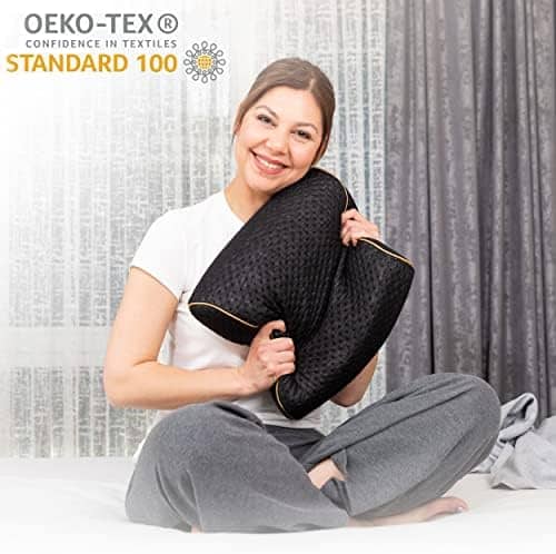alkamto Travel & Camping Comfortable Memory Foam Pillow with Extra Cotton Cover – Easy to Carry Portable Bag – Temperature Regulating Pillow Case - Perfect for Travelling (Black)