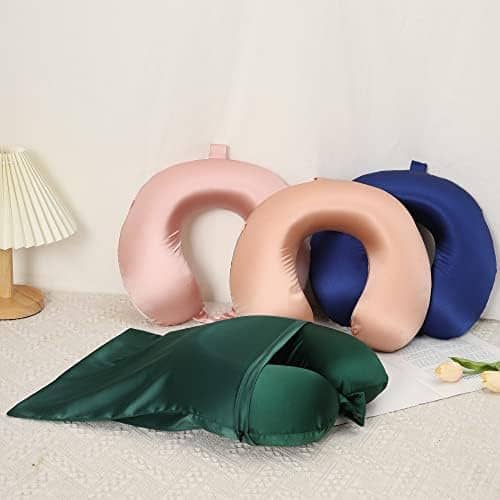 ROSEWARD 100% Mulberry Silk Neck Pillow for Travel 22 Momme Real Silk Travel Pillow for Pain Relief Sleeping, Pure Organic Silk Airplane Pillow, Anti Wrinkle Travel Pillow Made in USA (Navy)