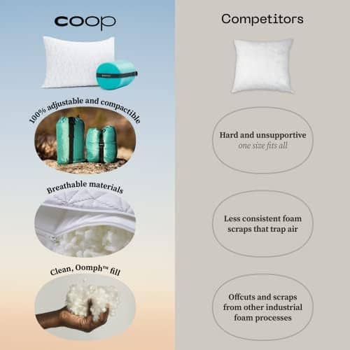 Coop Home Goods Adjustable Travel Pillow -Small Camping Pillow For Sleeping with Compressible Stuff Sack- Medium-Firm Memory Foam Lulltra Washable Cover - CertiPUR-US/GREENGUARD Gold Certified (19x13)