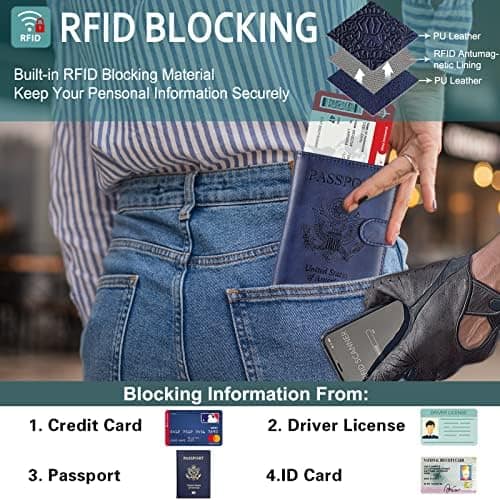 RSAquar Passport Holder for Women and Men, Premium PU Leather Travel Passport Wallet RFID Blocking Passport Cover Travel Documents Organizer with Pen Holder, Blue