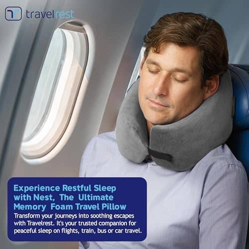 TRAVELREST Nest Memory Foam Travel Pillow/Neck Pillow - Advanced Neck Support for Long Flights - Patented Design for Optimal Relaxation - Long Travel - Unmatched Sleep - Machine Washable - Gray
