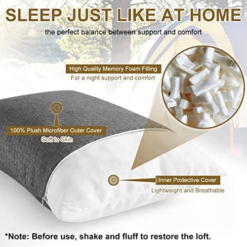 Ivellow Compact Firm Supportive Compressible Pillow, Shredded Memory Foam for Travel, Sleeping, Camping, Adults Kids Outdoor Backpacking Hiking Essential Gear