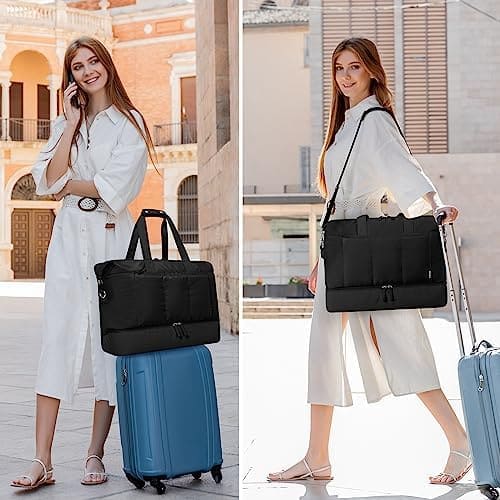 ETRONIK Weekender Bag with 15.6" Laptop Compartment, 42L Travel Duffle Bag with Shoe Compartment & Wet Pocket, Carry On Overnight Bag with Toiletry Bag for Women, Gym Tote Bag Hospital Bag, Black
