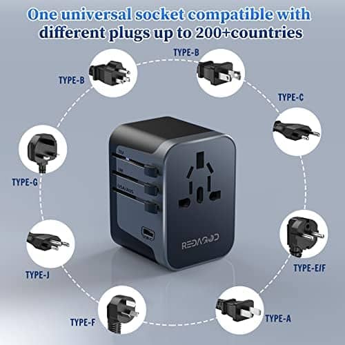 Universal Travel Adapter, Redagod International Adaptor 4 USB A 1 USB C Ports, AC Power Plug Adapter All-in-one Travel Charger Outlet Converter for Europe UK AUS Asia Japan Covers 200+Countries