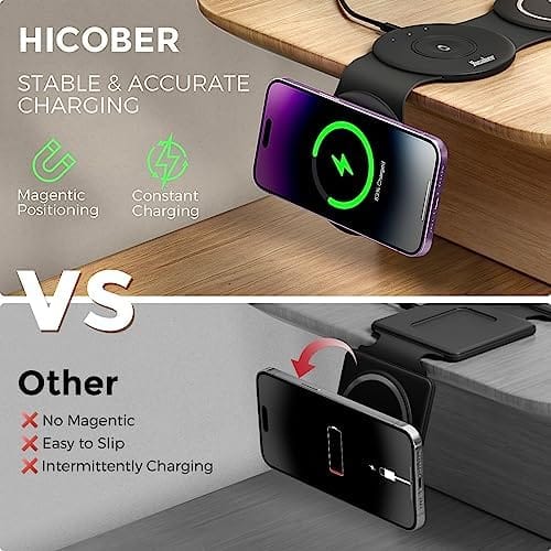 3 in 1 Charging Station for Apple Multiple Devices, Hicober Travel Wireless Charger for Magsafe Charger Foldable Stand Compatible for Apple Watch/iWatch/Airpods/for iPhone 14 13 12 Pro Max Black