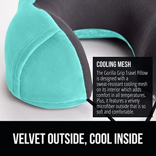 Gorilla Grip Memory Foam Travel Neck Pillow, Head Support on Airplanes, Soft Velvet, Cooling Mesh, Blinkable Eye Mask, Supportive Car Traveling, Sleeping on Long Flight, Airplane Pillows, Turquoise