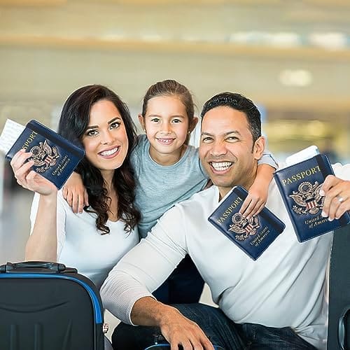 Passport Holder RFID Blocking Travel Cover Wallet, Passport Cover Cards, Leather Card Case with US 3D Metal Badge Passport Wallets Organizer Travel Must Haves Accessories for Men's, Women (Blue)