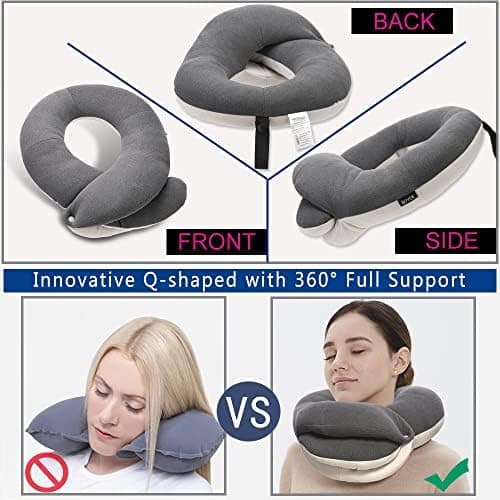 BUYUE Travel Neck Pillows for Airplanes, 360° Head Support Sleeping Essentials for Long Flight, Skin-Friendly & Breathable, Kit with 3D Contoured Eye Mask, Earplugs and Storage Bag (Adult, Grey)