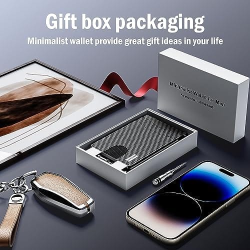 umoven Wallet for Men - Slim Leather RFID Blocking Bifold Minimalist Wallet with Metal Pop-Up Card Holder, Money Clip, Credit Card Slots - Men's Wallet with Gift Box, Carbon Fiber
